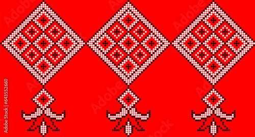 Vector illustration of Ukrainian ornament in ethnic style, identity, vyshyvanka, embroidery for print clothes, websites, banners. Background. Geometric design, border, copy space, frame