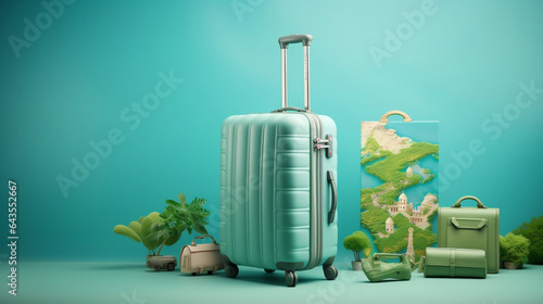 Travel and vacation concept with suitcase, globe and world map