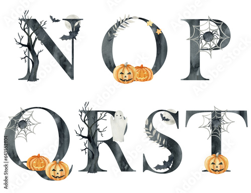 Watercolor halloween letters for invitations, greeting card, birthday, logo, poster and other. photo