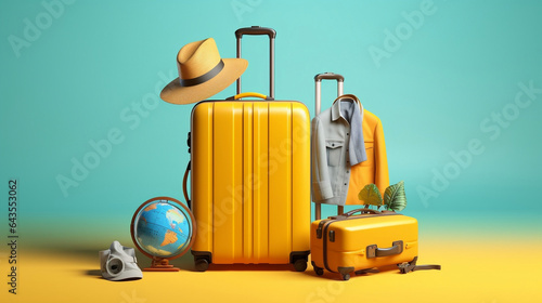 Travel and vacation concept with suitcase, globe and world map
