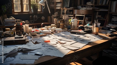 a messy and lived-in workspace, with scattered papers, open books, and creative materials strewn across the desk. photo