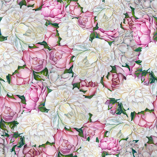 The pattern is white and pink peonies. Oil painting. Bouquet of flowers. For wedding cards, fabric,wallpaper,textiles.