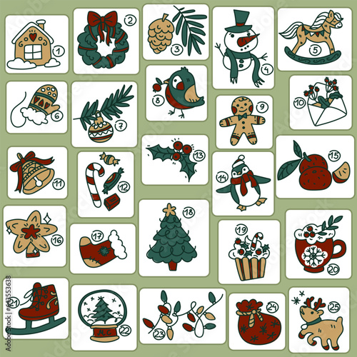 Vector Christmas Advent calendar in retro style. Collection of vector illustrations with animals, food, gifts. Christmas pictures with festive elements for 25 days. Framed items rounded edges