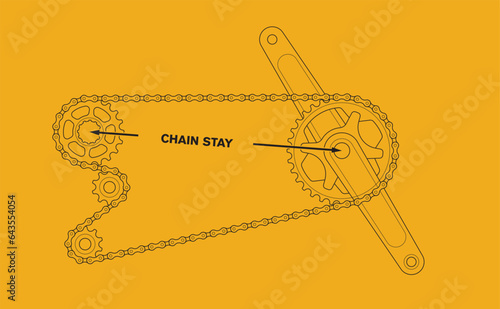 Vector infographic Bicycle chain length. Detail of the chain passing through the gears. Bike crankset. Yellow background.