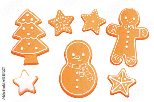 Gingerbread set cute snowman and christmas tree with icing decoration, seasonal dessert, cookies in cartoon style isolated on white background.