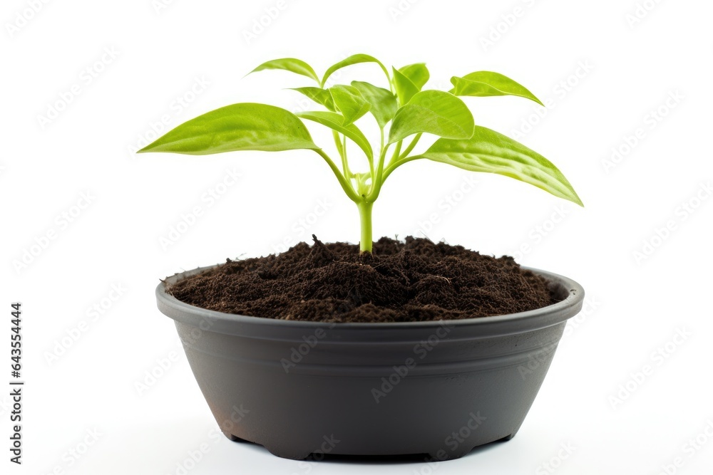 Young green plant sprout grow in seedling pot, isolated on white background. New life and gardering concept. Young green plant sprout grow in seedling pot, isolated on white background. New life and gardering concept.