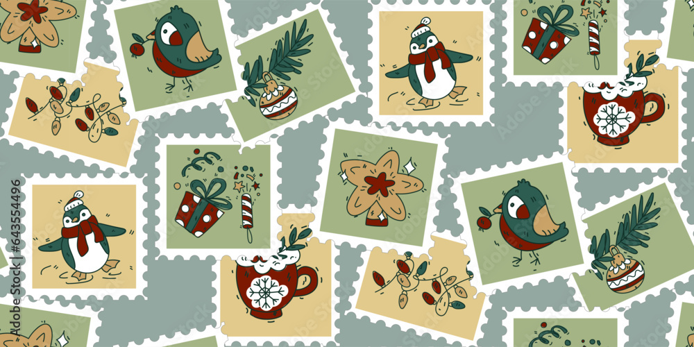 A pattern of cute hand-drawn postage stamps on top of each other with Christmas and New Year paraphernalia garland, cocoa, penguin, star, gifts. Fashionable vector illustrations in cartoon retro style