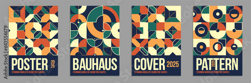 Abstract geometric posters and covers set in native ceramic colors, vector background pattern magazine or catalog templates, technic style geometric shapes composition.