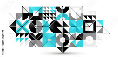 Abstract vector Bauhaus geometric background, network and digital data composition, mechanical engine industry style, tech engineering look like shapes and lines.