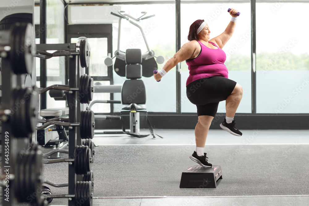 Overweight woman exercising in a gym and jumping on a step aerobic platform Overweight woman exercising in a gym and jumping on a step aerobic platform