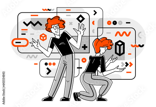 Creative workers doing some job and creating some system, inspired inventive designers or engineers composing abstract elements, vector outline illustration.
