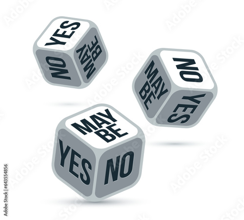 Yes or no or maybe dice rolling chance vector illustration, make a decision and say concept, undecided question idea.