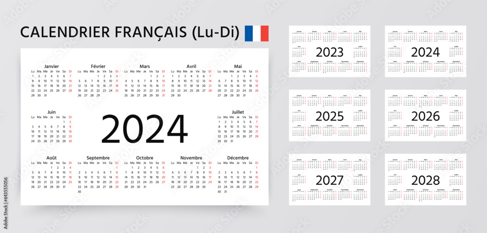 French Calendar 2023, 2024, 2025, 2026, 2027, 2028 years. Week starts ...