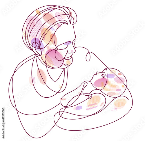 Grandmother and baby child grandson or granddaughter vector linear illustration isolated, grandma holding baby showing love and care.