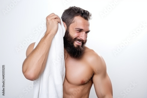Young Muscular Man Toweling Off After Shower. Good mood after everyday procedures.