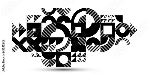 Abstract geometric black and white vector background, modular tiling stripy art with circles and other shapes, monochrome retro style artistic motif isolated.