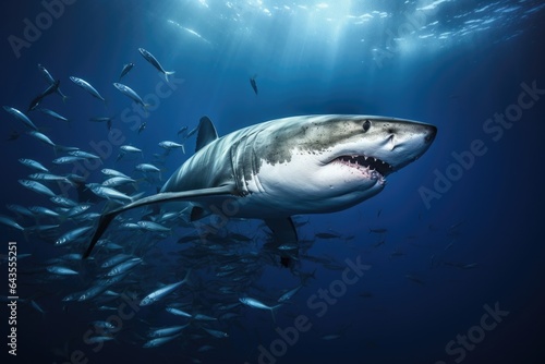 Great white shark underwater view. Shark swimming with fish in blue water sea or ocean.