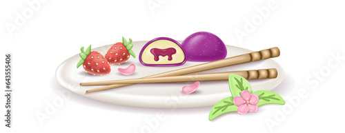 3d realistic japanese dessert Daifuku Mochi with passion fruit jam on a plate. a whole and half a cake in rice dough. Served dish with sakuri flowers, strawberries and hashi