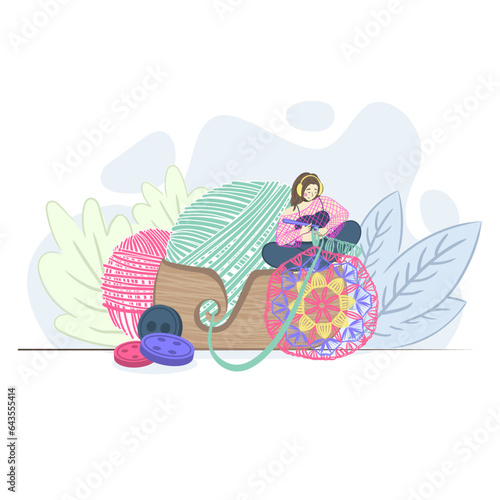 young woman in headphones and a trendy crochet top is crocheting a granny square. Concept vector illustration.