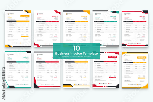 Abstract modern style business invoice Bundle. 10 Creative Invoice Template Paper Sheet Include Accounting, Price, Tax, and Quantity. (ID: 643555842)