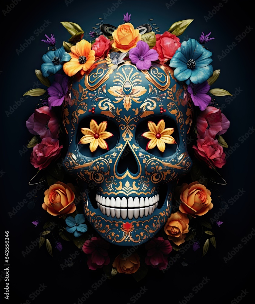 Sugar skull adorned with vibrant flowers. Catrina Calavera. Day of the Dead. Generative AI