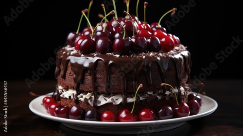 A chocolate cake with cherries on top of it. Digital image. Black forest cake, swartswalder kirsch torte.