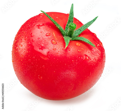 Freshly washed red tomato covered with water drops on white background.