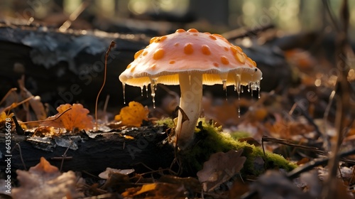 Closeup shot of mushroom growing amidst leaves in wonderful autumn forest, AI Generated