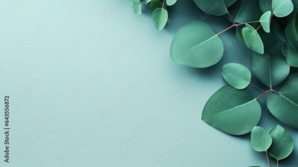 Background with top view eucalyptus branches isolated. Elegant flat lay mock up with leaves