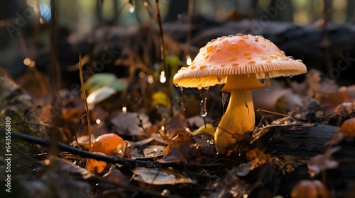 Closeup shot of mushroom growing amidst leaves in wonderful autumn forest, AI Generated