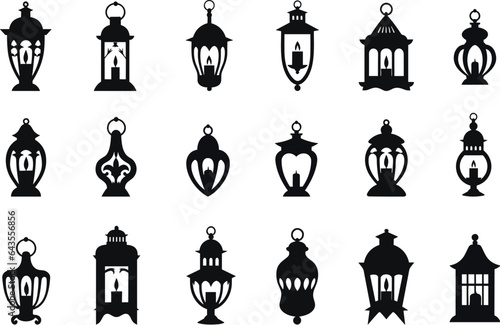 Lanterns black silhouettes. Empty lantern and with candle. Isolated festive element set, christmas, new year, easter or ramadan. Vector icons