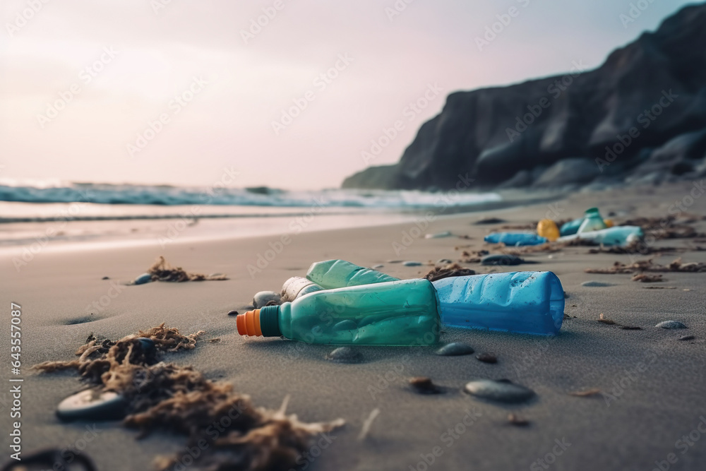 Urgent Global Problem Of Plastic Bottles Littering Beach, Harming Ecosystems - Generative AI Urgent Global Problem Of Plastic Bottles Littering Beach, Harming Ecosystems - Generative AI