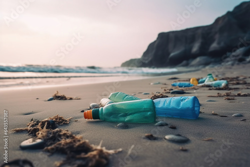 Urgent Global Problem Of Plastic Bottles Littering Beach, Harming Ecosystems - Generative AI