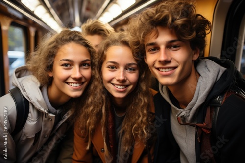 Friends - teen girls and boys, taking selfie picture together in train during joint trip. Happy smiling tourists or students.