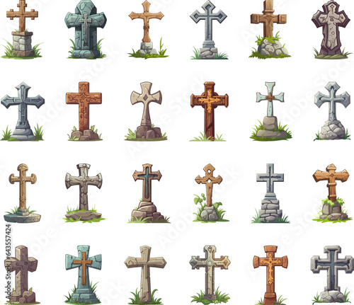 Cartoon tomb crosses set. Grave cross front side view set, buried graviyard tombcrosses and gravecrosses colour illustrations isolated on white background