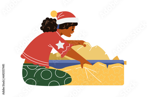 African American girl in Christmas outfit unwrapping gift box flat vector illustration isolated on white. 