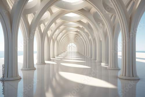 A long white hallway with arches and columns. Digital image.