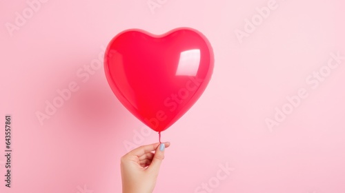 Female hand holding red heart shaped balloon on pink background with copy space. Valentine's Day or Happy Birthday celebration concept.
