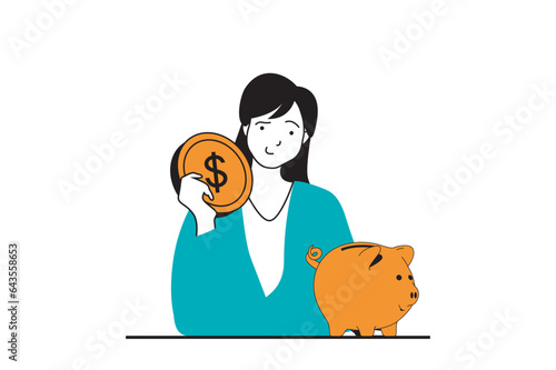 Finance concept with people scene in flat web design. Woman putting her saving money in piggy bank, planning investment and deposit. Vector illustration for social media banner, marketing material.