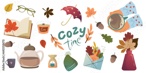 Vector set of autumn icons cup of coffee, falling leaves, cozy time, candles, book and teapot. Scrapbook collection of fall season elements. Bright elements for harvest time. Autumn collection