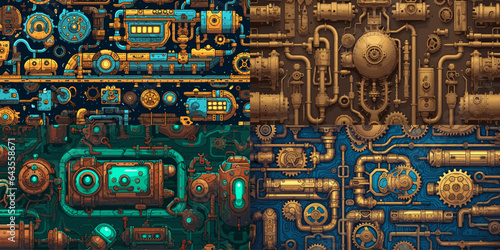 Retro steampunk robotic patterns. Mechanized industrial archaic backgrounds