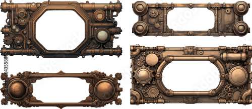 Steam-punk bronze metal frames. Vintage brass frameworks isolated, retro metallic brassy carcass set on white