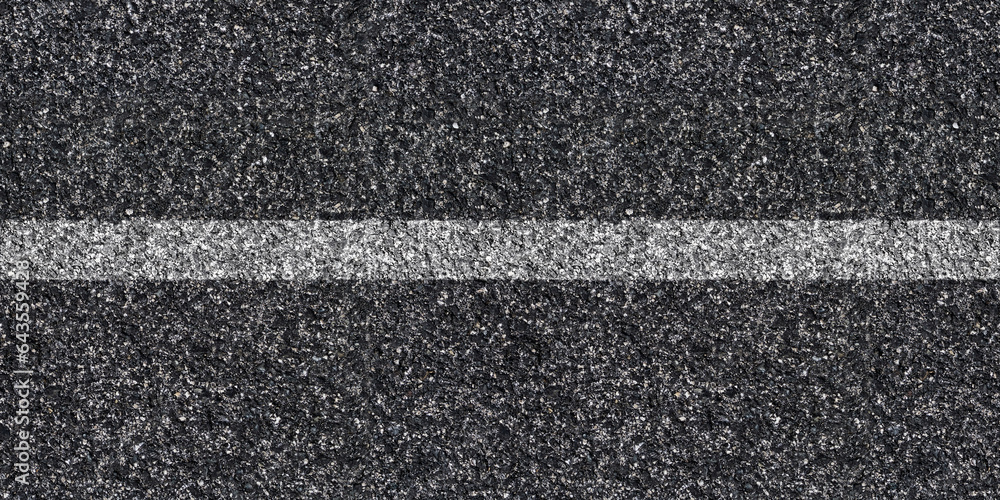 Seamless asphalt texture with unbroken stripe at the center for road division, grunge tarmac surface with continuous line, top view