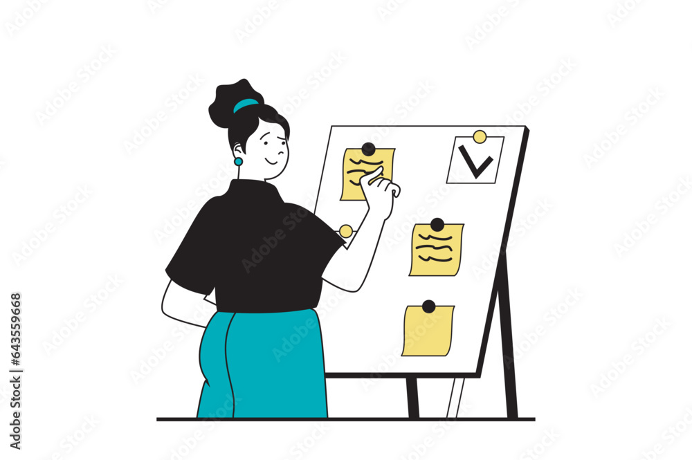 Freelance concept with people scene in flat web design. Woman work as freelancer and organizing workflow using presentation with notes. Vector illustration for social media banner, marketing material. Freelance concept with people scene in flat web design. Woman work as freelancer and organizing workflow using presentation with notes. Vector illustration for social media banner, marketing material.