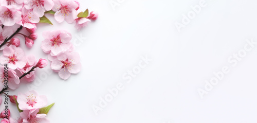 white color paper background decorated with  cherry blossom flowers. Flat lay banner with copy space