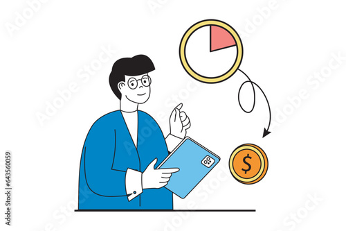 Freelance concept with people scene in flat web design. Man working online from home office and converting his time to money profit. Vector illustration for social media banner, marketing material.