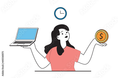 Freelance concept with people scene in flat web design. Woman working online at laptop and converting her time to earning money profit. Vector illustration for social media banner, marketing material.