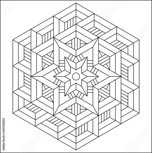 Easy Coloring Pages for Adults.Coloring Page of geometric abstract mandala. Simple mandala in a hexagon shape.EPS 8. #731