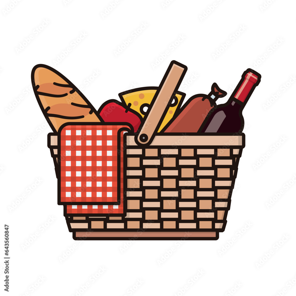Picknick basket filled with blanket, food and wine isolated vector illustration for Picnic Day on June 18 Picknick basket filled with blanket, food and wine isolated vector illustration for Picnic Day on June 18