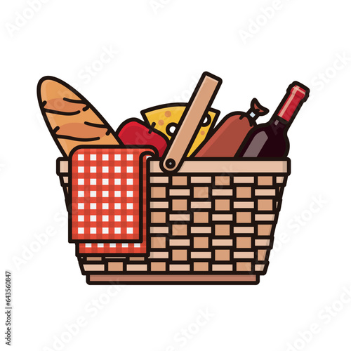 Picknick basket filled with blanket, food and wine isolated  vector illustration for Picnic Day on June 18